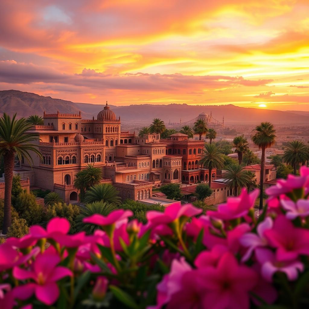 A stunning portrait of a Syrian landscape at sunset, showcasing traditional architecture with intricate designs and vibrant colors, surrounded by lush hills and palm trees