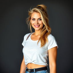 A light-haired woman around 32 years old with a slight tan and an athletic figure, dressed in casual clothes like jeans and a t-shirt