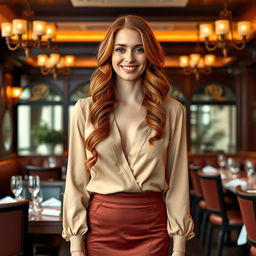 A 30-year-old woman with long, wavy red hair, standing confidently in a cozy upscale restaurant