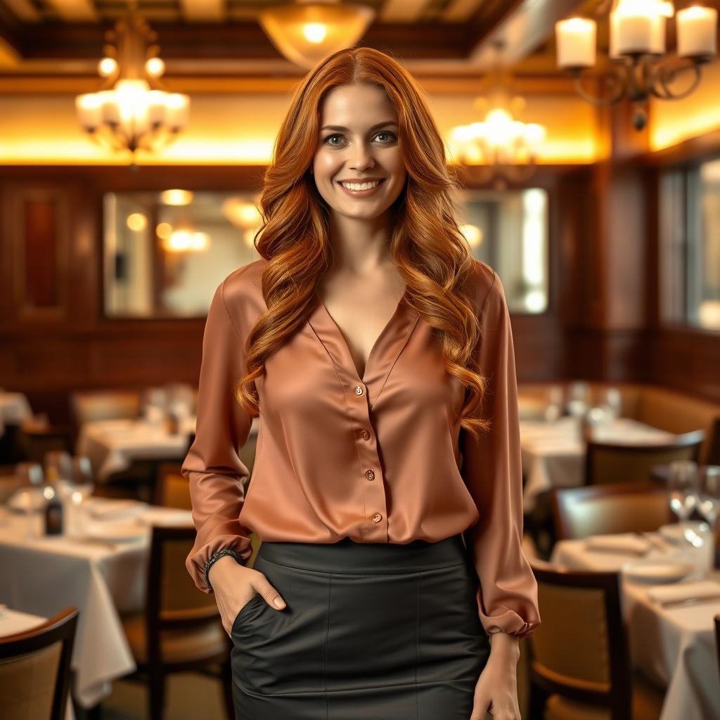 A 30-year-old woman with long, wavy red hair, standing confidently in a cozy upscale restaurant