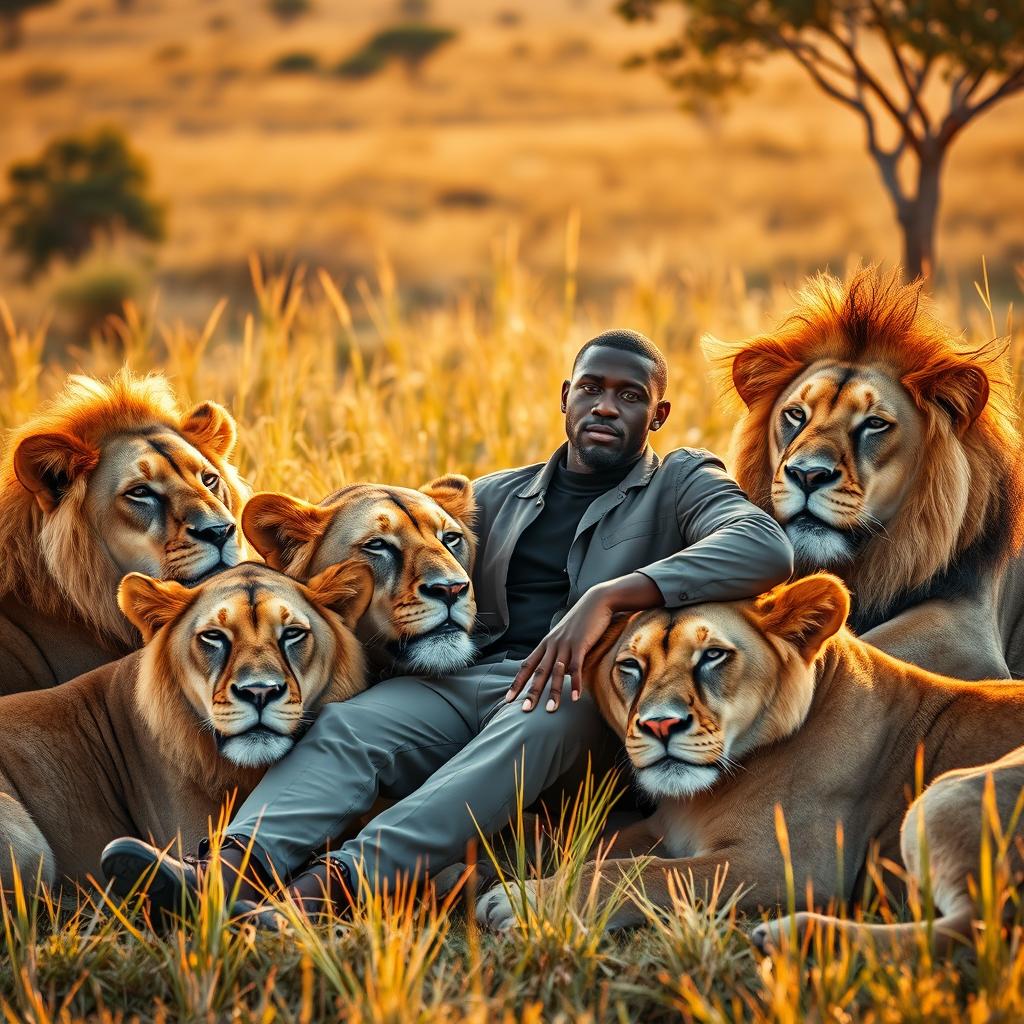 A confident black man sitting peacefully among majestic lions in a lush savannah environment