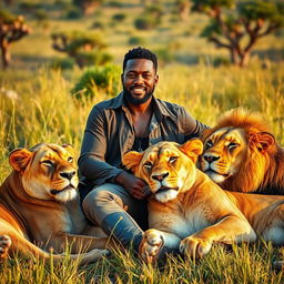 A confident black man sitting peacefully among majestic lions in a lush savannah environment