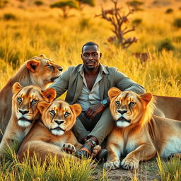 A confident black man sitting peacefully among majestic lions in a lush savannah environment