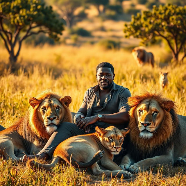 A confident black man sitting peacefully among majestic lions in a lush savannah environment