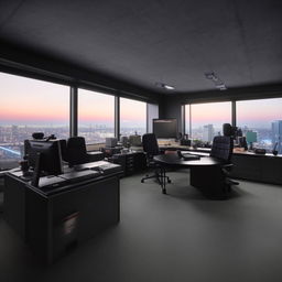 A penthouse office styled after a SWAT commander's quarters, taking architectural inspiration from the linked reference.