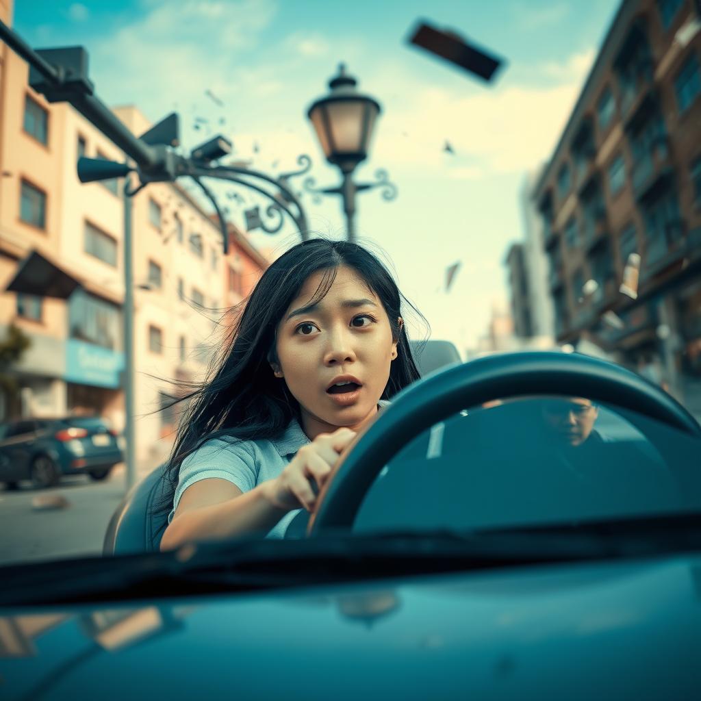 An Asian woman driving her 2001 Honda Accord, showing a moment of panic and surprise as the car is crashing into a streetlamp