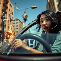 An Asian woman driving her 2001 Honda Accord, showing a moment of panic and surprise as the car is crashing into a streetlamp