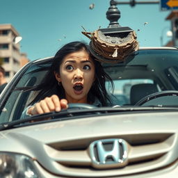An Asian woman driving her 2001 Honda Accord, showing a moment of panic and surprise as the car is crashing into a streetlamp