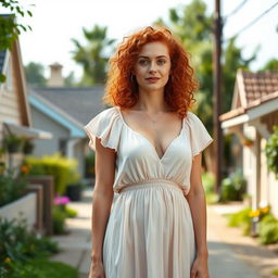 A 30-year-old red-haired woman with curly hair, standing confidently in a quiet neighborhood