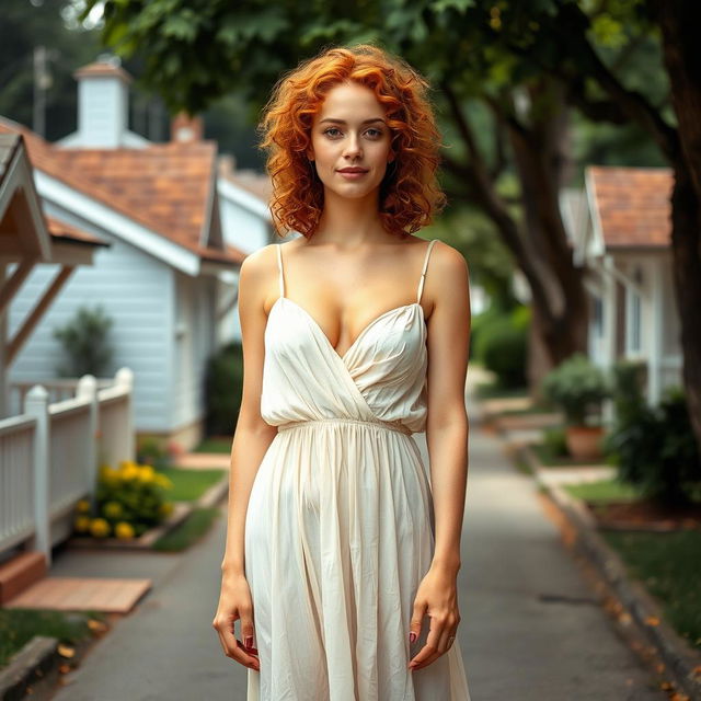 A 30-year-old red-haired woman with curly hair, standing confidently in a quiet neighborhood