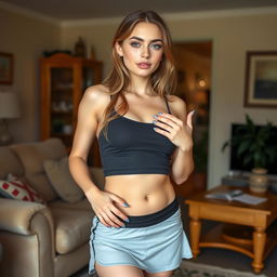 A 21-year-old woman with a round face, light brown long hair, and bright blue eyes stands confidently in a cozy living room