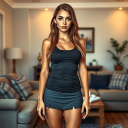 A photorealistic image of a 21-year-old woman with a round face, standing in a living room