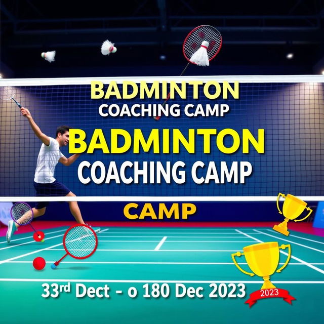 A vibrant and engaging banner image for a badminton coaching camp