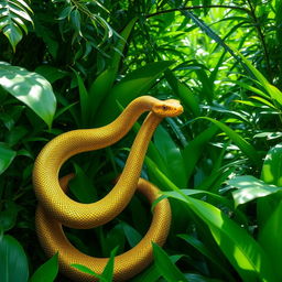 A magnificent golden snake slithering through a dense, lush green jungle, its scales shimmering under the sunlight