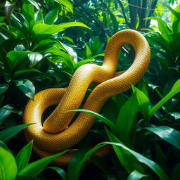 A magnificent golden snake slithering through a dense, lush green jungle, its scales shimmering under the sunlight