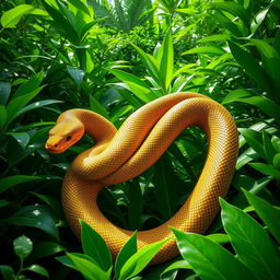 A magnificent golden snake slithering through a dense, lush green jungle, its scales shimmering under the sunlight