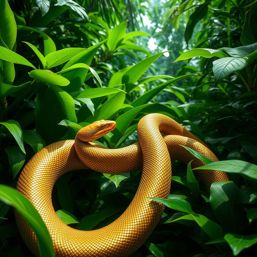 A magnificent golden snake slithering through a dense, lush green jungle, its scales shimmering under the sunlight