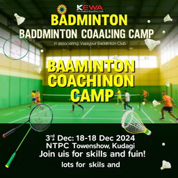 A vibrant and energetic banner image for a badminton coaching camp, featuring the title 'Badminton Coaching Camp' prominently displayed at the top