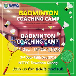 A vibrant and energetic banner image for a badminton coaching camp, featuring the title 'Badminton Coaching Camp' prominently displayed at the top