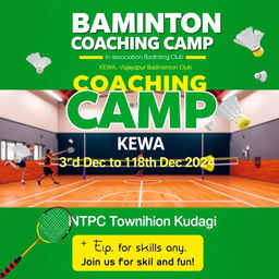 A vibrant and energetic banner image for a badminton coaching camp, featuring the title 'Badminton Coaching Camp' prominently displayed at the top