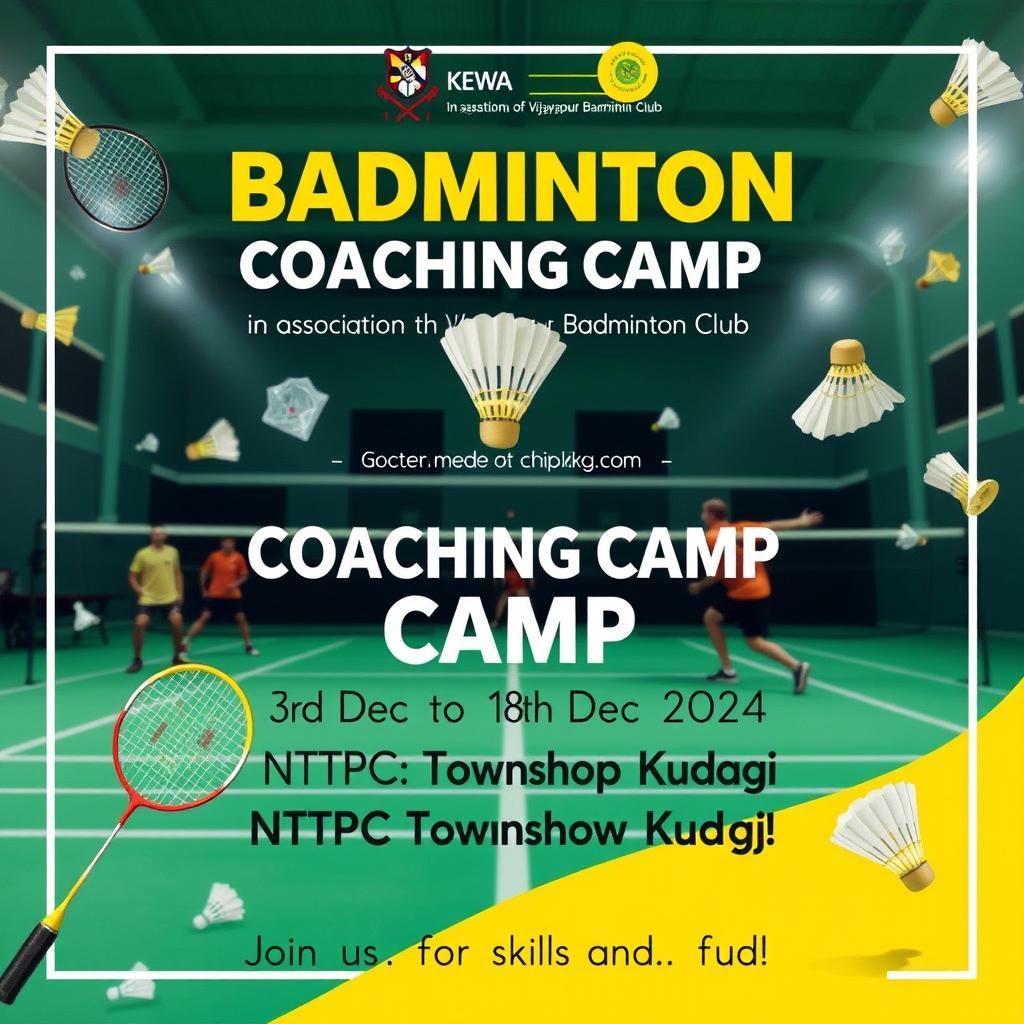 A vibrant and energetic banner image for a badminton coaching camp, featuring the title 'Badminton Coaching Camp' prominently displayed at the top