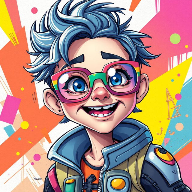 A detailed art of a Pexil character, characterized by vibrant, exaggerated features and wearing distinctive Pexil glasses that are colorful and stylish