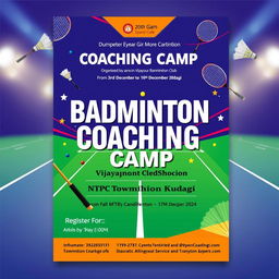 A vibrant and eye-catching flyer design for a badminton coaching camp