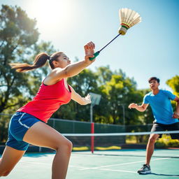 A vibrant, dynamic scene of two players engaged in an intense game of badminton