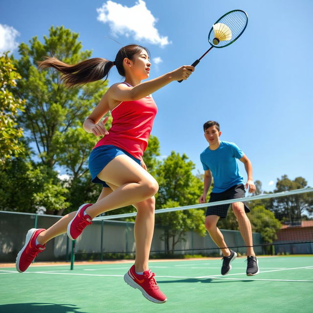 A vibrant, dynamic scene of two players engaged in an intense game of badminton