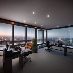 A penthouse office styled after a SWAT commander's quarters, taking architectural inspiration from the linked reference.