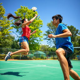 A vibrant, dynamic scene of two players engaged in an intense game of badminton