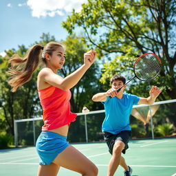 A vibrant, dynamic scene of two players engaged in an intense game of badminton