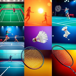 A collection of vibrant and dynamic badminton-themed backgrounds, showcasing various scenes related to the sport