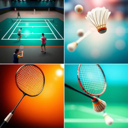 A collection of vibrant and dynamic badminton-themed backgrounds, showcasing various scenes related to the sport