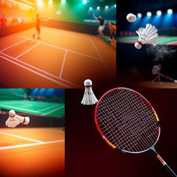 A collection of vibrant and dynamic badminton-themed backgrounds, showcasing various scenes related to the sport