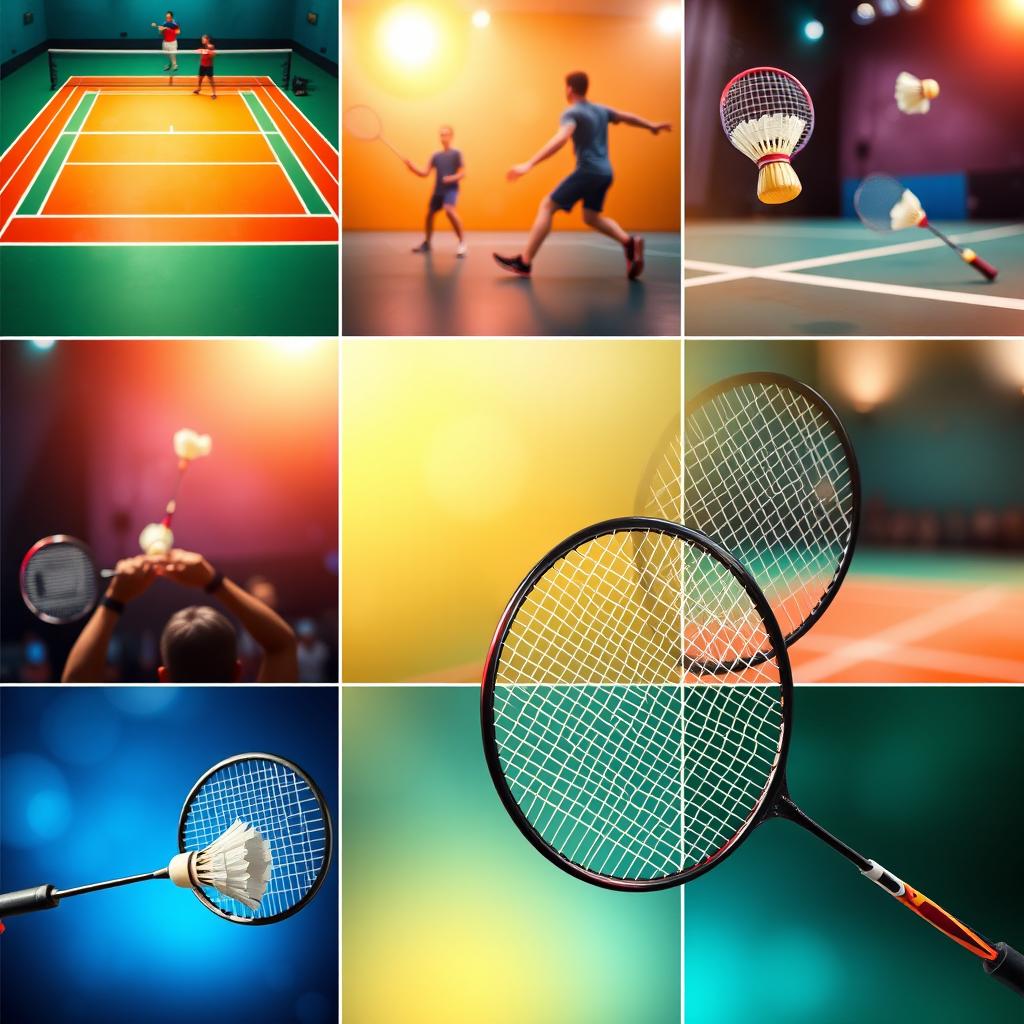 A collection of vibrant and dynamic badminton-themed backgrounds, showcasing various scenes related to the sport