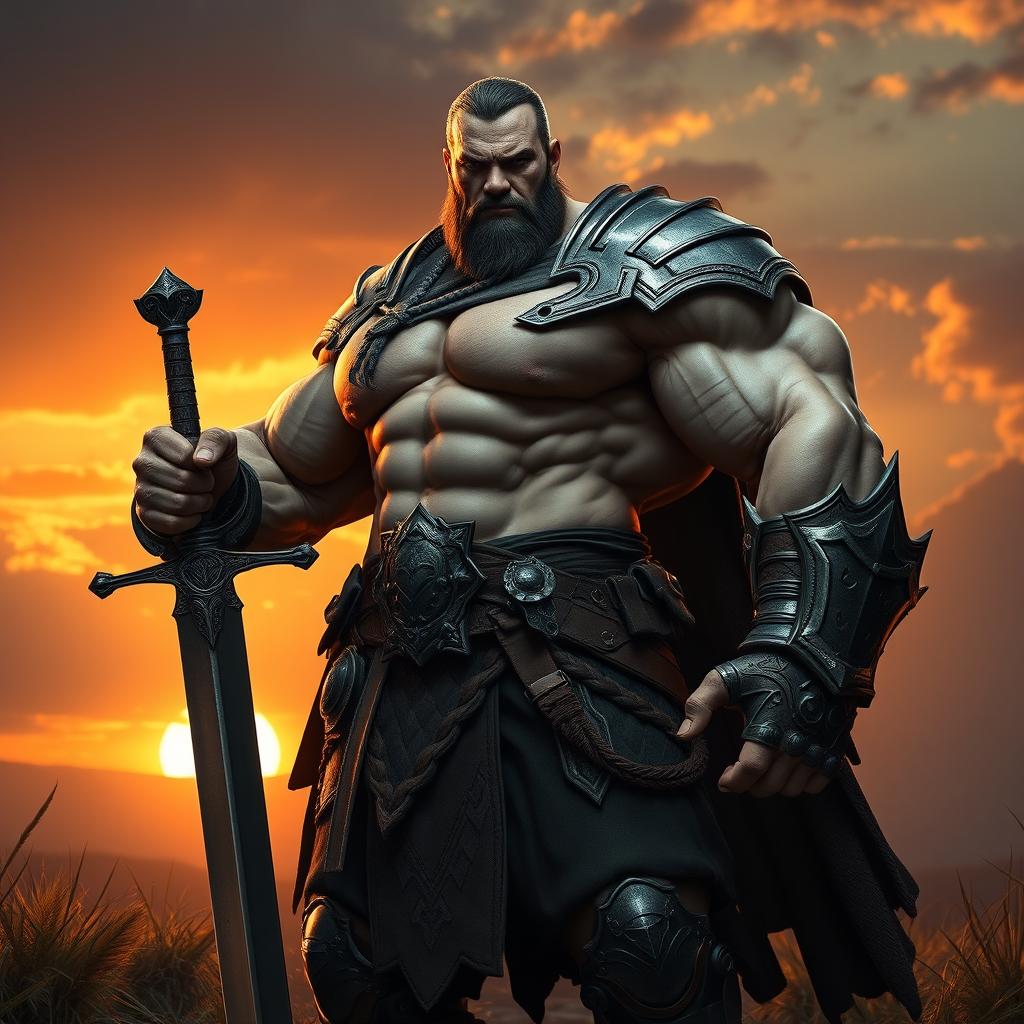 A muscular warrior standing in a confident pose, showcasing an exceptionally large and muscular right arm