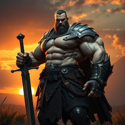 A muscular warrior standing in a confident pose, showcasing an exceptionally large and muscular right arm