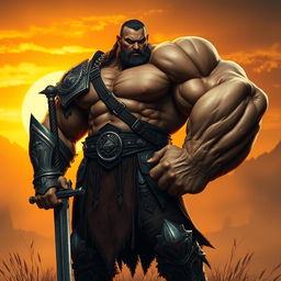 A muscular warrior standing in a confident pose, showcasing an exceptionally large and muscular right arm