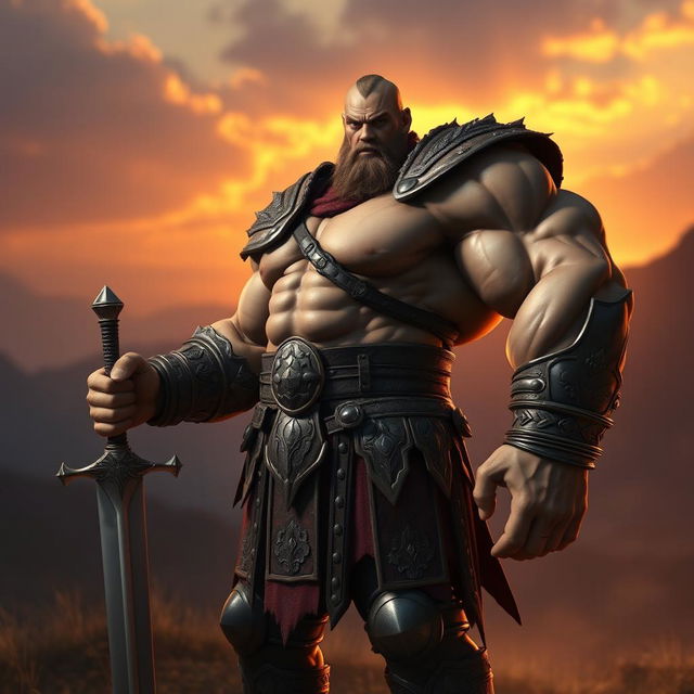 A muscular warrior standing in a confident pose, showcasing an exceptionally large and muscular right arm