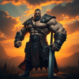 A muscular warrior standing in a confident pose, showcasing an exceptionally large and muscular right arm