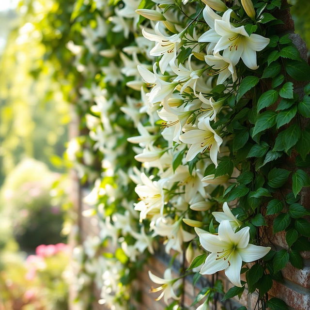 A beautiful wall covered in blooming white lilies, with lush green vines gracefully wrapping around the surfaces