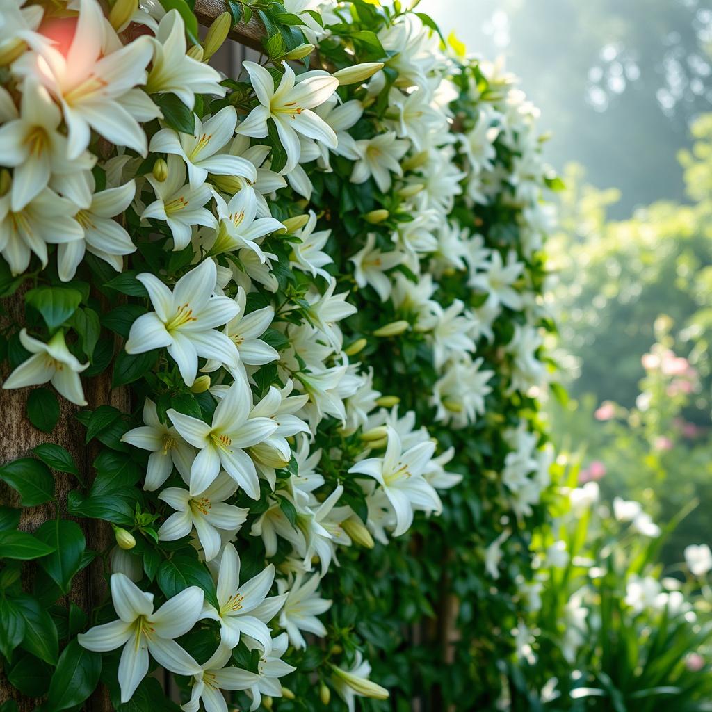 A beautiful wall covered in blooming white lilies, with lush green vines gracefully wrapping around the surfaces