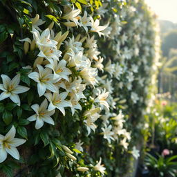 A beautiful wall covered in blooming white lilies, with lush green vines gracefully wrapping around the surfaces