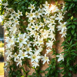 A beautiful wall covered in blooming white lilies, with lush green vines gracefully wrapping around the surfaces