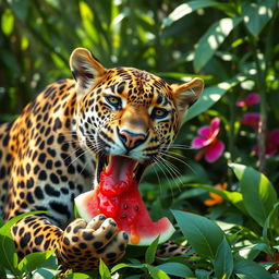 A playful leopard eating a watermelon, surrounded by a lush green jungle environment