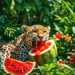 A playful leopard eating a watermelon, surrounded by a lush green jungle environment