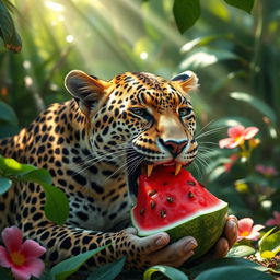 A playful leopard eating a watermelon, surrounded by a lush green jungle environment