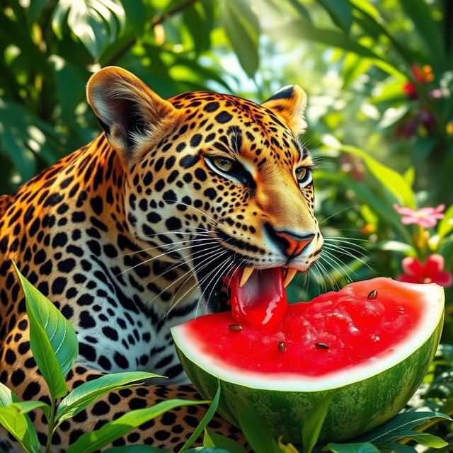 A playful leopard eating a watermelon, surrounded by a lush green jungle environment