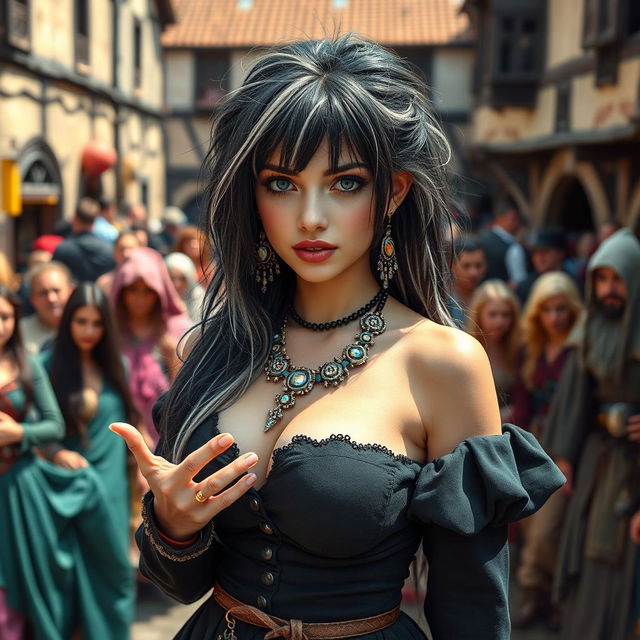 A bustling medieval courtyard filled with colorful characters, showcasing a captivating 18-year-old girl with a thin, beautiful face radiating innocence and charm